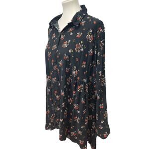 ANA Woman 1X Long Sleeve Button Up Flowy Collared Floral Cotton Blend Blouse